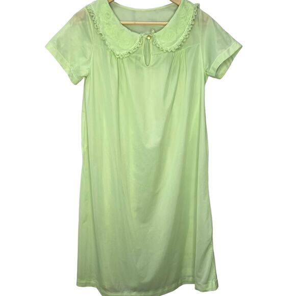Vintage Nancy King Short Nylon Satin Nightgown Mint Green Size M Floral Collar - Picture 1 of 8